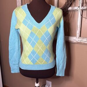 Lilly Pulitzer cashmere spandex argyle sweater size medium blue green small stai